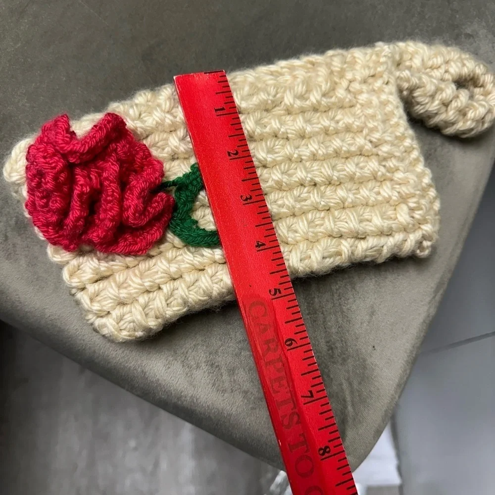 Handcrafted Cream Crochet Pouch with Red Flower